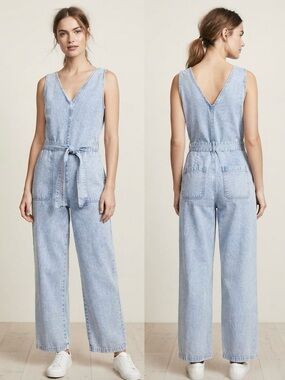 Women's Light Blue Denim Overalls Jumpsuit with Tie Waist